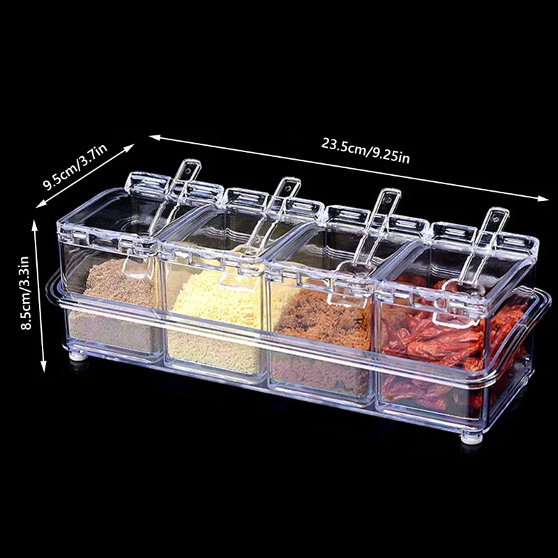 

4 Grid Transparent Seasoning Organizer Box Sealed Spice Container Kitchen Gadgets Cozinha Set Condiment Jar Dust-proof Spice Pot