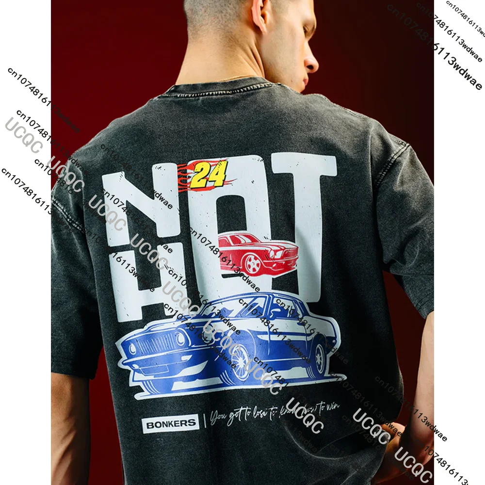 

Hot Sale Vintage Graphic T-Shirt Men's Racing Car Print Wash Cotton Tee Streetwear Man Top Hip Hop Street Trendy Loose Clothing