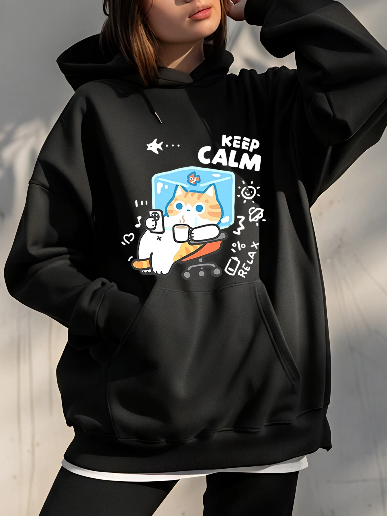 

Толстовка с милым котом, женская повседневная толстовка с принтом «Keeping Calm», модная уличная одежда для девочек и подростков