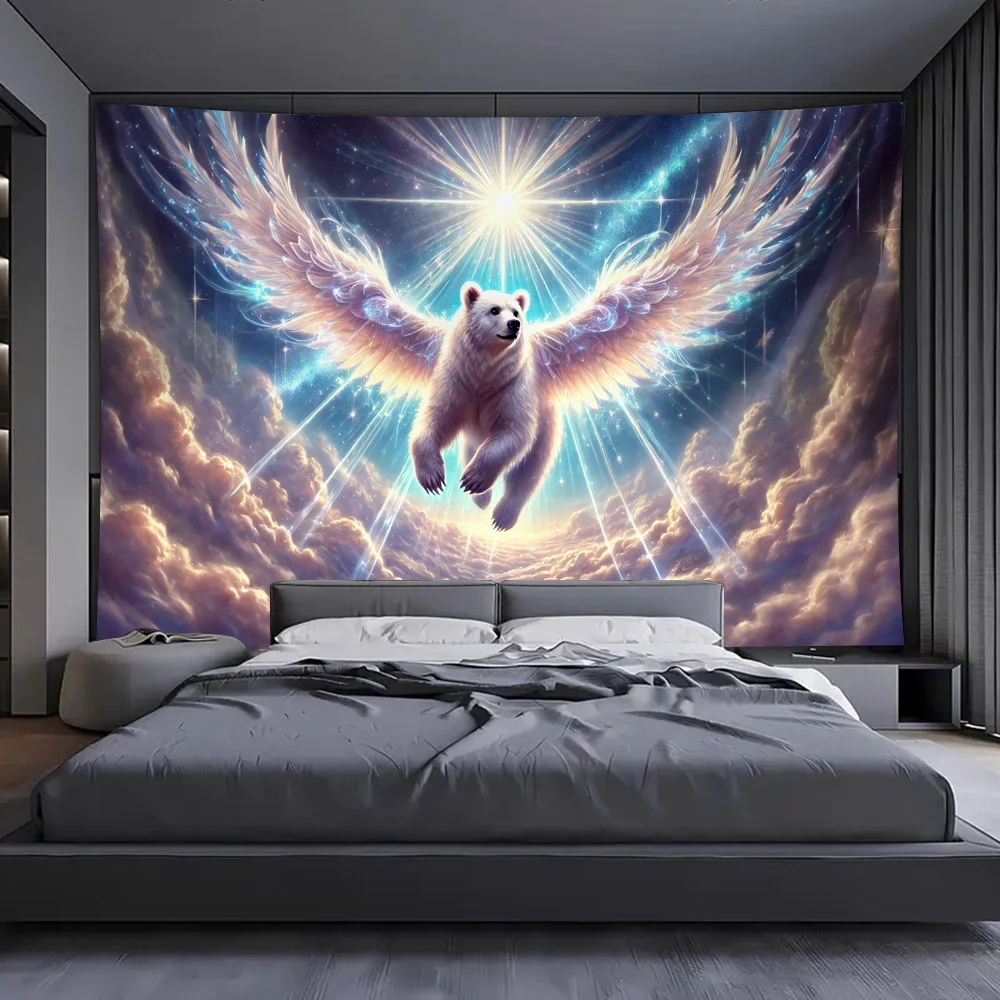 Winged Polar Bear Tapestry, Fantasy Cloud Sky Shining Star Magical Angel Bear Art Wall Tapestry for Bedroom Living Room Decor