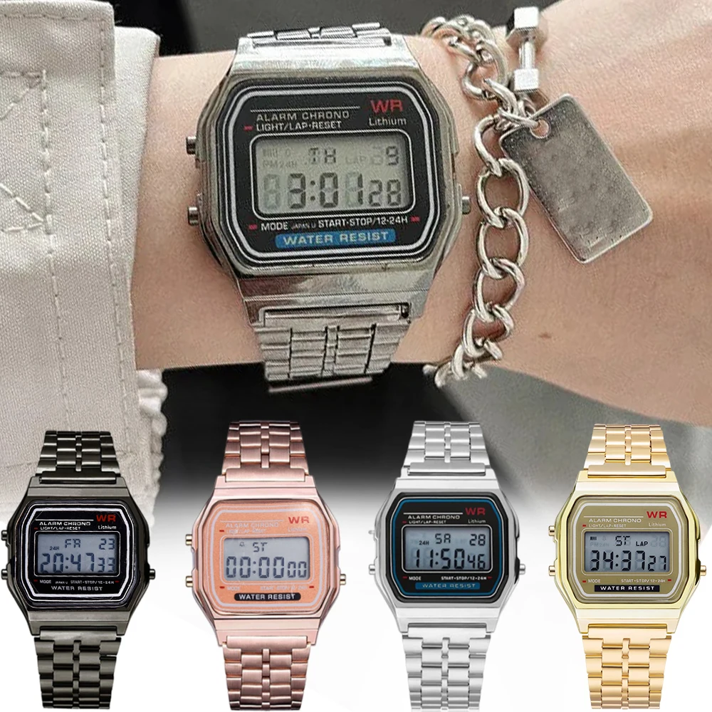 

Fashion Metal Steel Strip LED Digital Electronic Watch Women Men F91W Digital Watch Simple Business Square Dial Wrist Watches