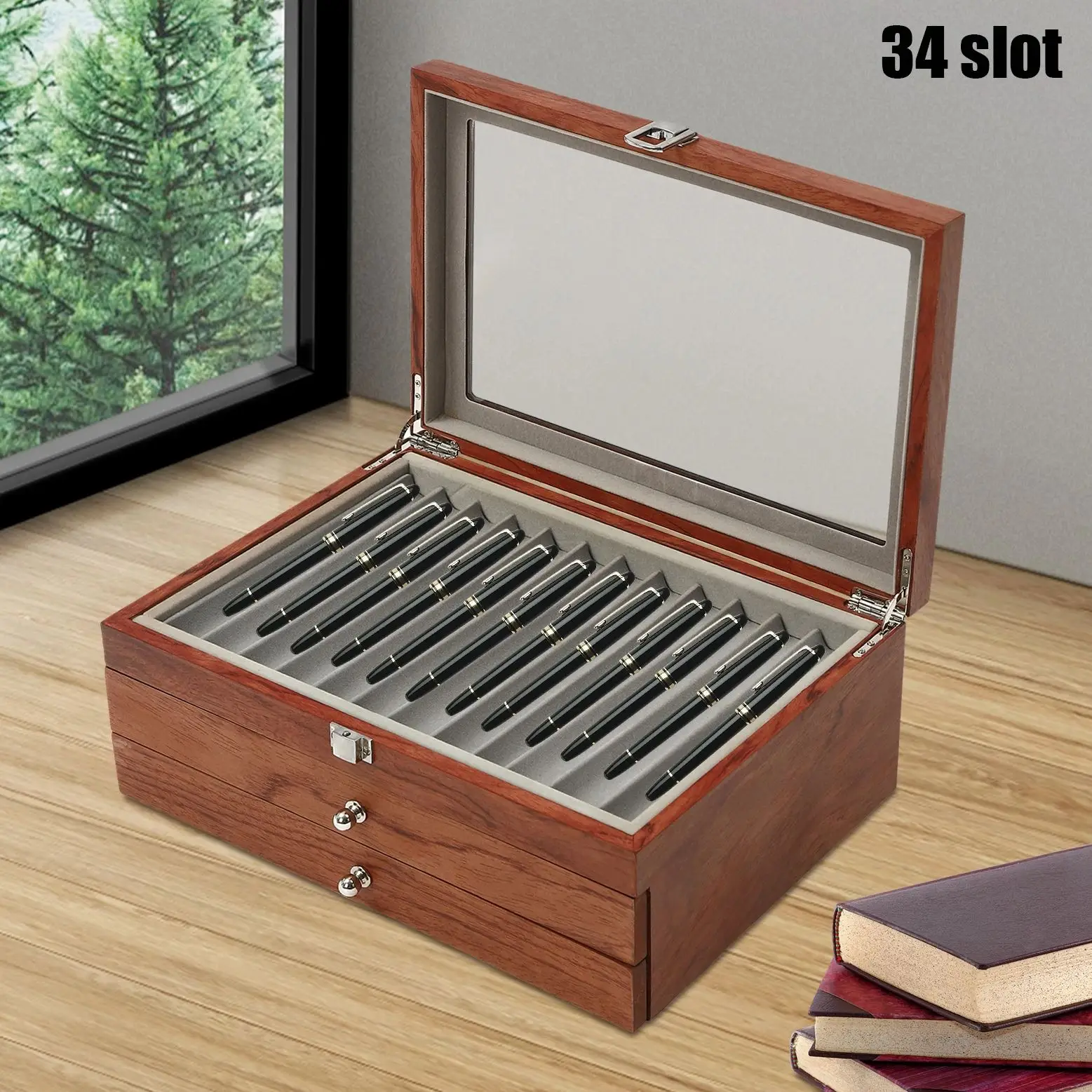 

34 Slots Two Layers Vintage Fountain Pen Display Case Holder Storage Collector Stationery Organizer Fountain Pen Collection Box