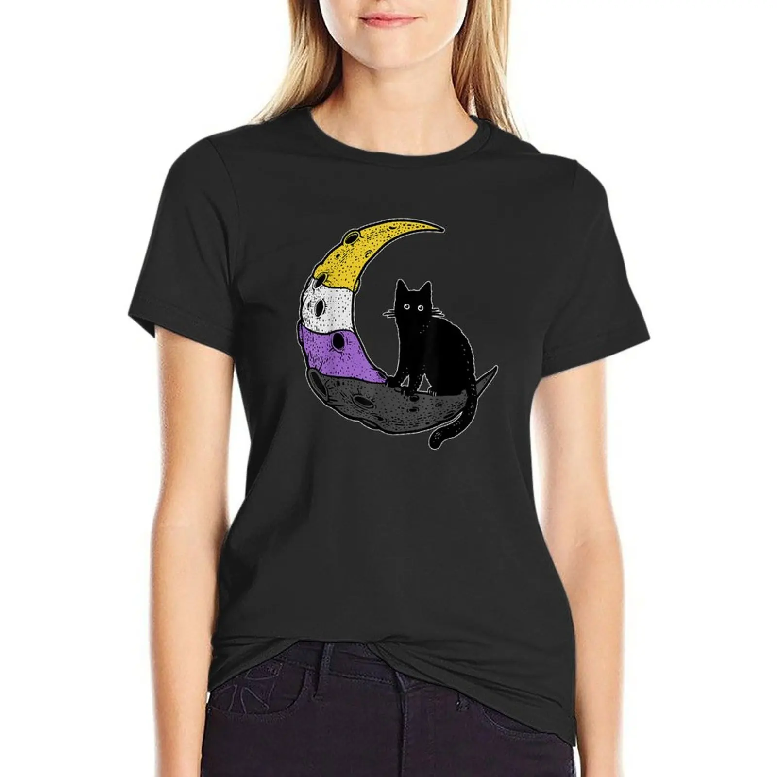 Nonbinary Moon Space Cat LGBT Pride with NB Non-Binary Flag T-Shirt customizeds Blouse T-shirts for Women