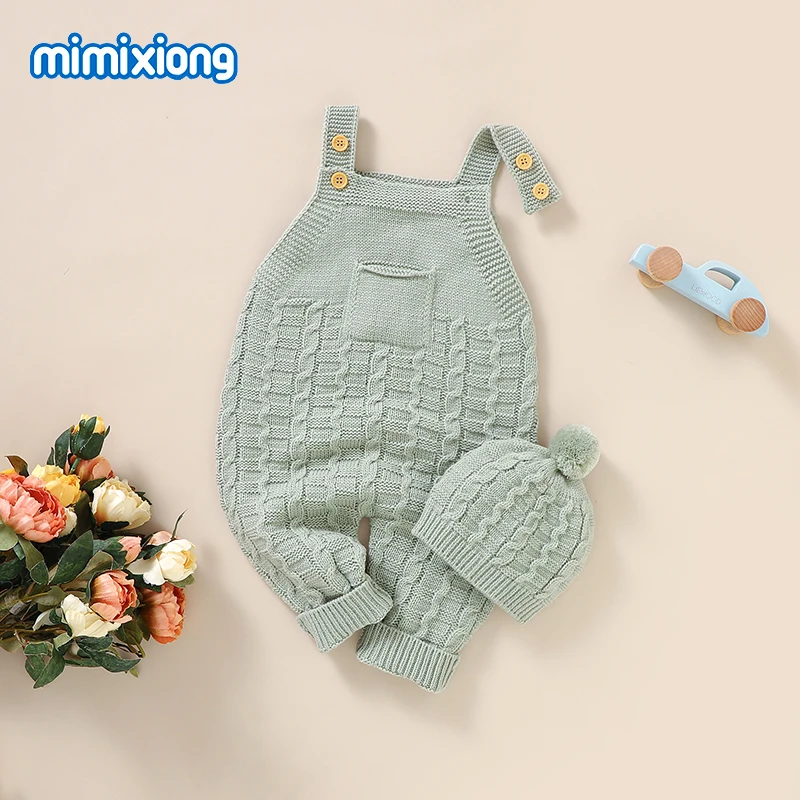 Fashion Sleeveless Knitted Baby Rompers Hats Clothes Sets Newborn Boy Girl Solid Jumpsuits Outfits Spring Autumn Infant Overalls