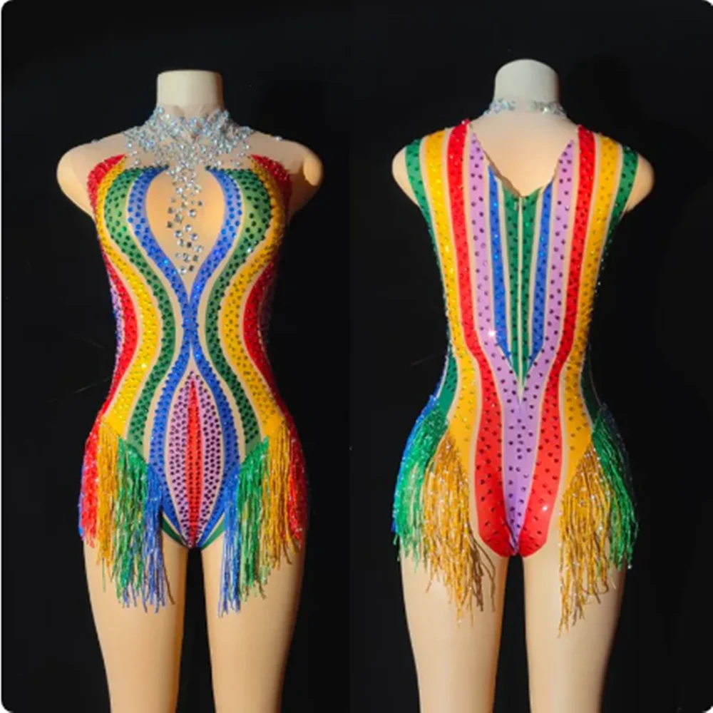 

Colorful Rhinestone Stretch Jumpsuit Pole Dance Costume Nightclub Bar Gogo Dancer Stage Wear Carnival Festival Dancewear