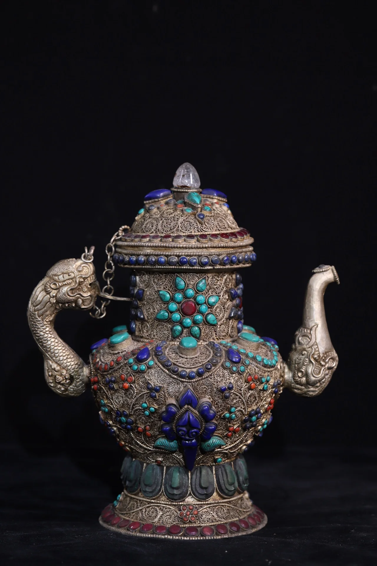 11”Tibetan Temple Collection Tibetan silver Filigree Mosaic Gem Turquoise Crystal Dragon Handle Pot Kettle Teapot Worship Hall