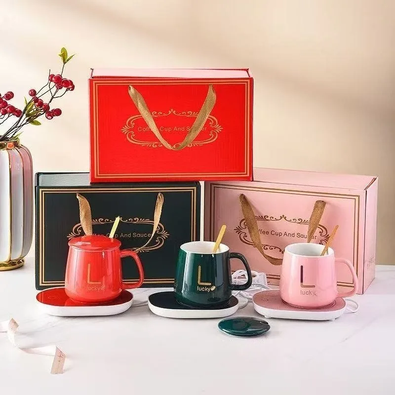 Caja de regalo Taza de cerámica con cuchara y bolsa de almacenamiento Juego de cuchara plegable para comidas portátiles Taza con termostato de 55 grados