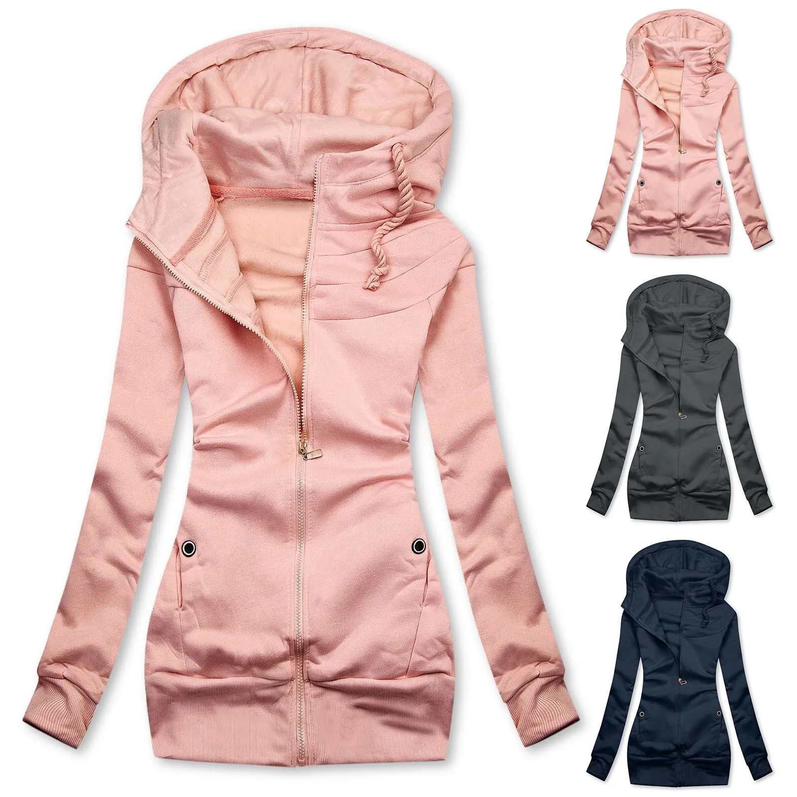 Autumn Winter Plus Size Women Jacket Fashion Solid Color Hooded Coat Zipper Pocket Long Sleeve Sport Long Hoodies Sweatshirts