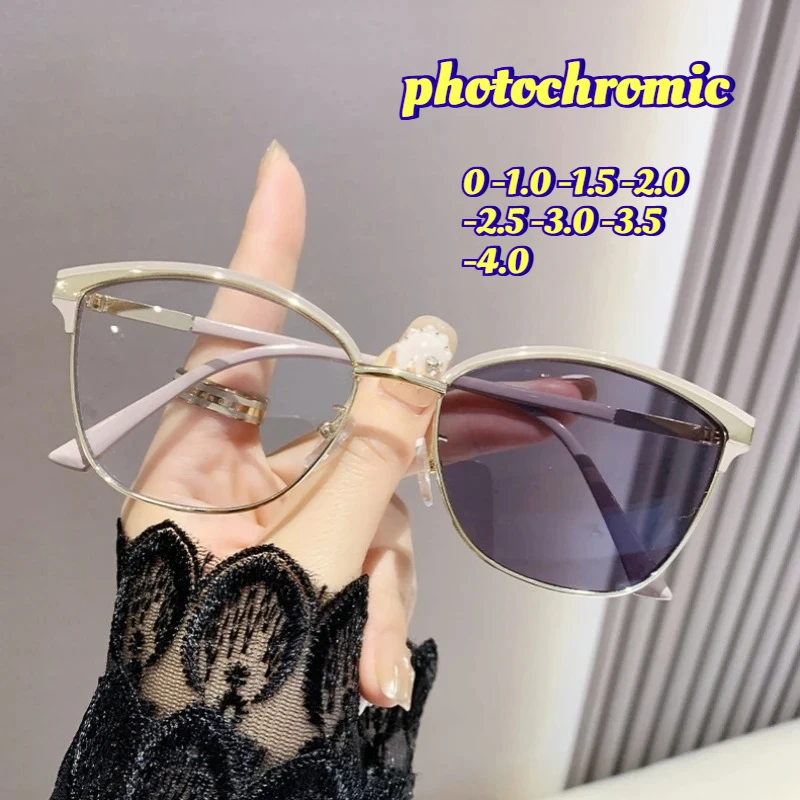 1pcs Unisex Cat Eye Color Changing Prescription Sunglasses, Power Range 0 To -4.0