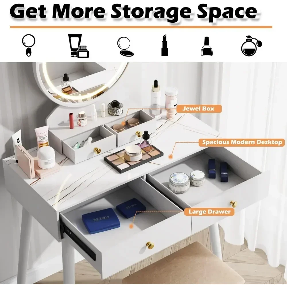Drawer Table with Lighted Mirror Vanity Set Soft Cushioned Stool, 4 Storage Drawers, Vanity Desk