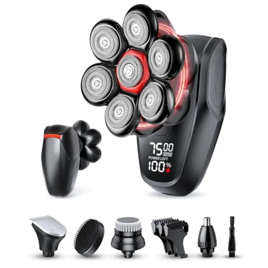 

Head shavers for Bald Men 5-in-1 Men's Grooming Kit, 7D Rotary Electric Head Shaver, IPX8 Waterproof Wet/Dry High-Gloss Black