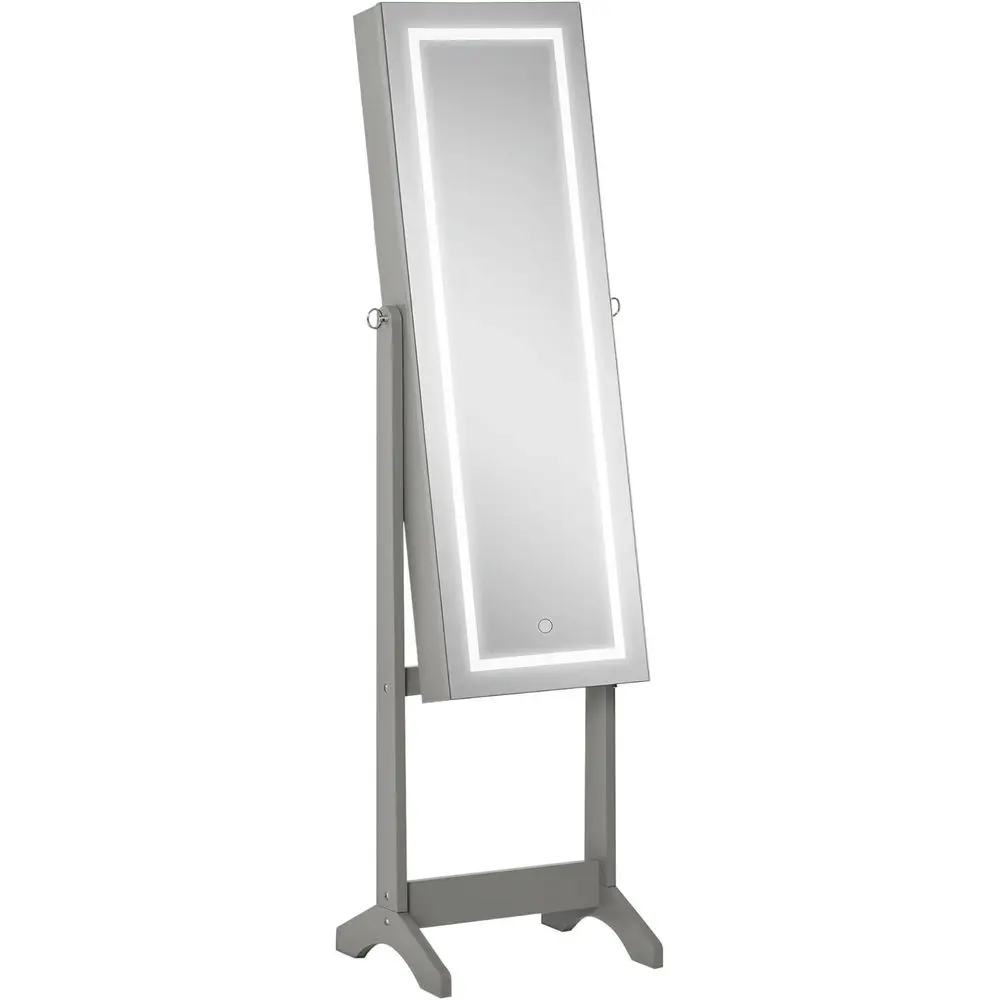 Grey Lockable Jewelry Cabinet with LED Light, Full-Length Mirror, and Adjustable Angles