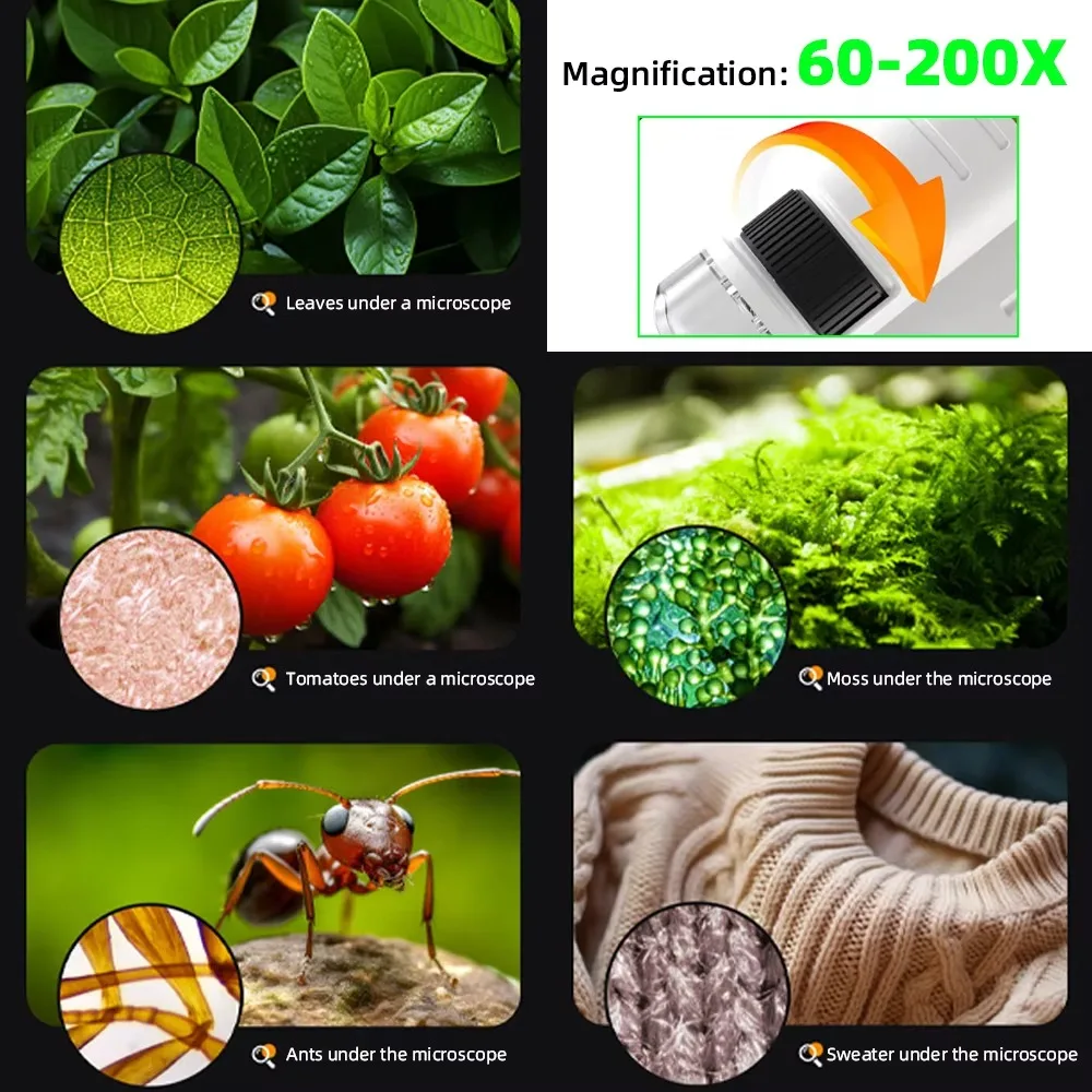 60-200x vergroting zakmicroscoop LED-licht batterij-aangedreven kinderwetenschapsspeelgoedset optisch HD draagbaar ontwerp