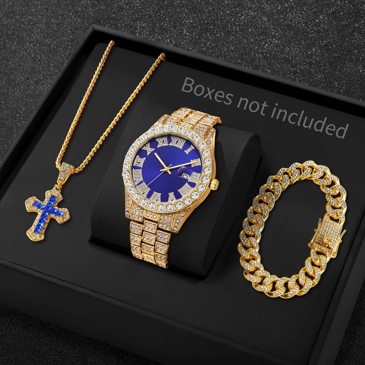 3PCS Luxury Full Diamond Men Quartz Watch Set with Necklace