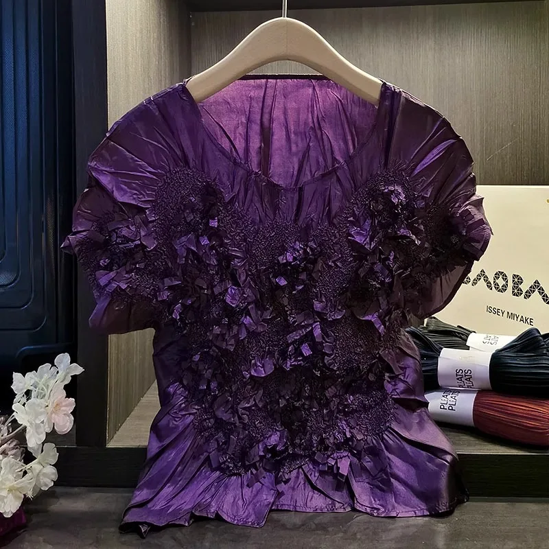 NOVEDAD DE VERANO 2025, camiseta plisada hecha a mano elástica fina de manga corta Miyake, ropa elástica versátil a la moda para mujer