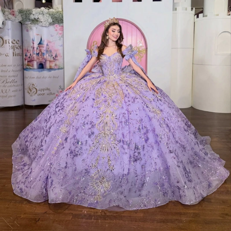 Lavender Glitter Quinceanera Dresses Off Shoulder Ball Gown Sweet 16 Dress Applique Beading Crystal Bow Tull Party Birthday vest