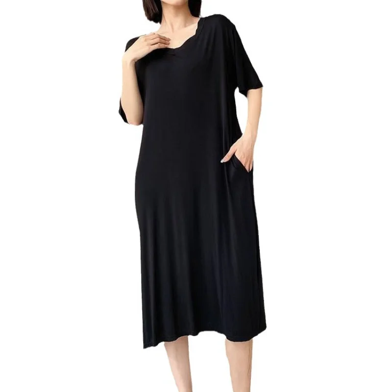 150kg Extra Large Size Summer Loose Home Dress with Pocket Thin V-neck Short Sleeved Pajamas Solid Long Loungewear Plus Size 3XL