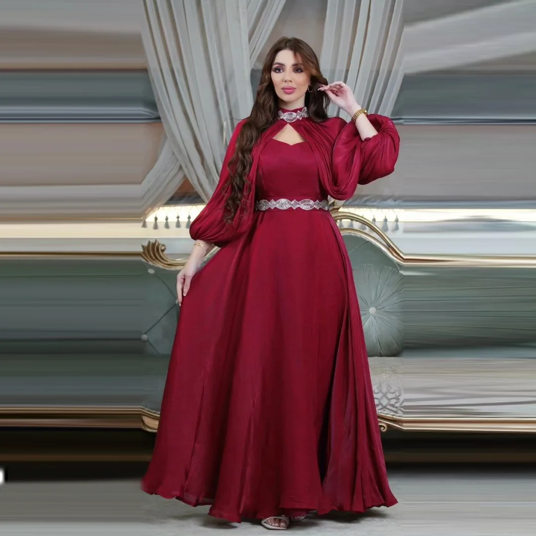 Middle Eastern Muslim Women\'s Two-piece Dresses Diamond Fashion Satin Robe Abaya Long Sleeves Shawl Elegant Evening Gowns