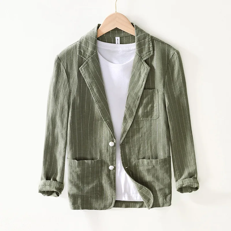 

Men's Casual Linen Stripe Suit Jacket Autumn Fashion City Style Long Sleeve Regular Length Loose Fit Multi Pocket Double Brea...