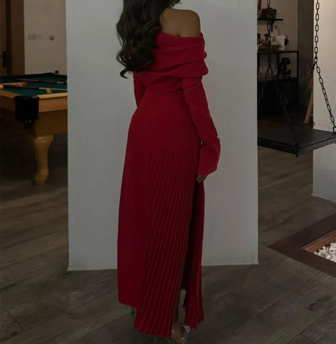 Personalizado vintage manga longa vermelho vestidos de noite fenda tornozelo comprimento voltar ocasião formal vestidos de festa de baile para occ especial