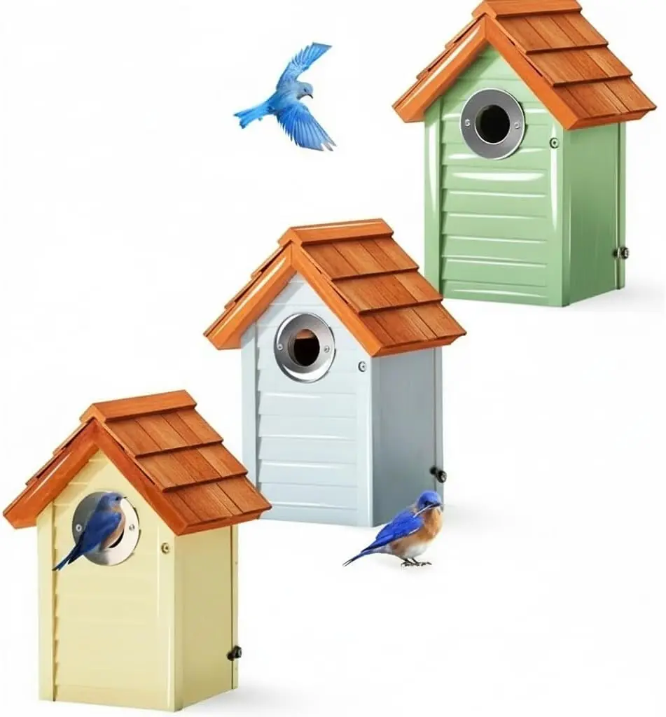 

3-Piece Outdoor Bird House Set with Stainless Steel Guard, Cedar Roof & UV Paint - Durable 10-Year Design