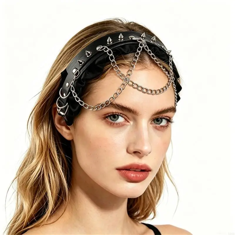 

Punk PU Leather Chain Headband With Metal Decorations For Women And Lady Fashion Hair Accessories Y08E