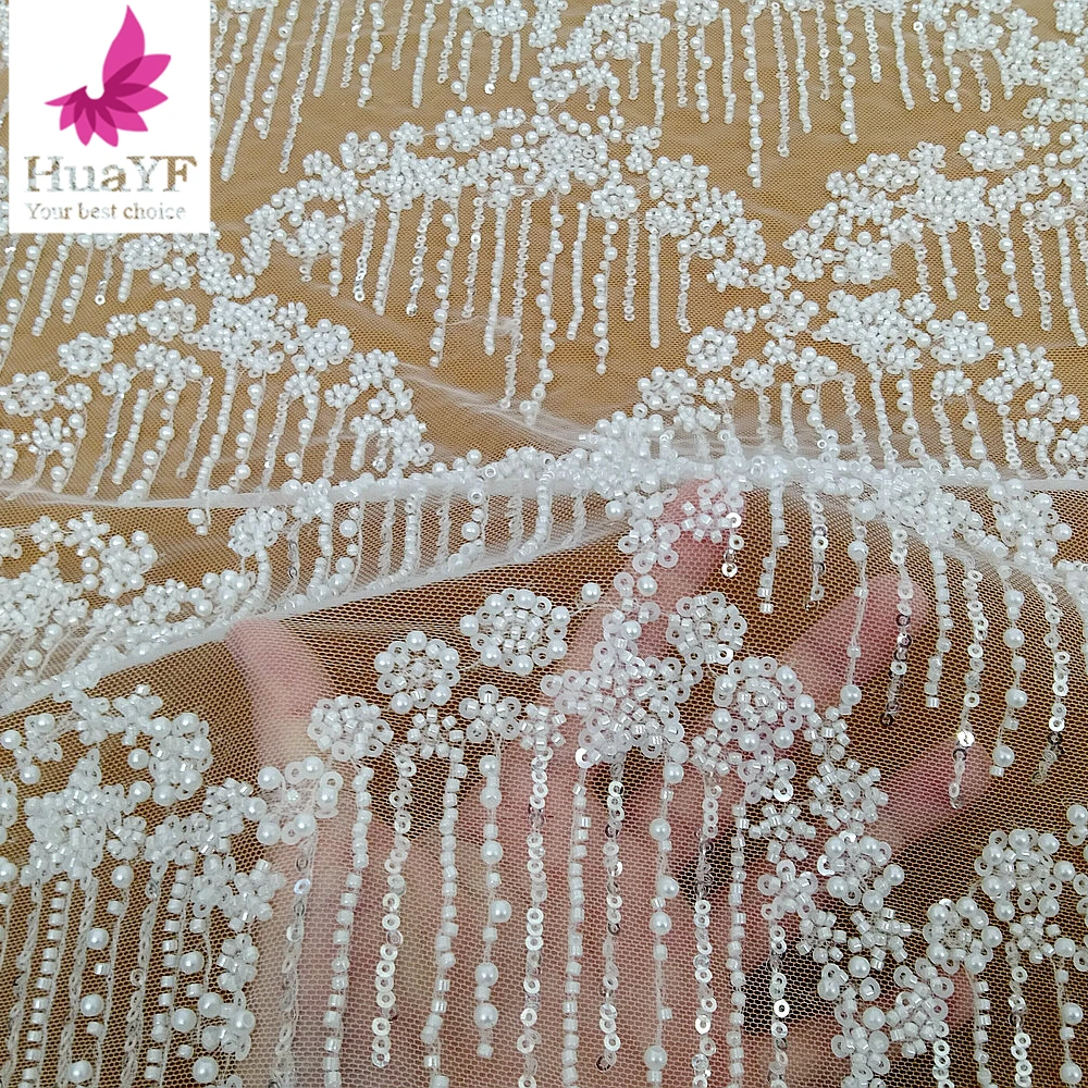 New elegant porcelain white 3d heavy beaded sequins and pearls lace embroidery bridal dress fabric HY3046