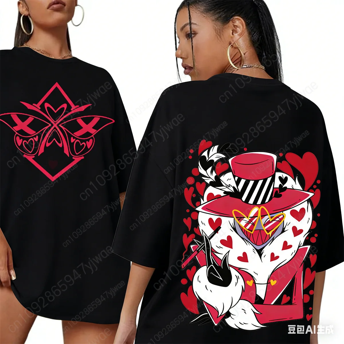 Hazbin Hotel Graphic T-shirt Valentino Cartoon Double sided Printed Tee O-Neck Fashion Street Wear Summer Men's&Women's T-shirts