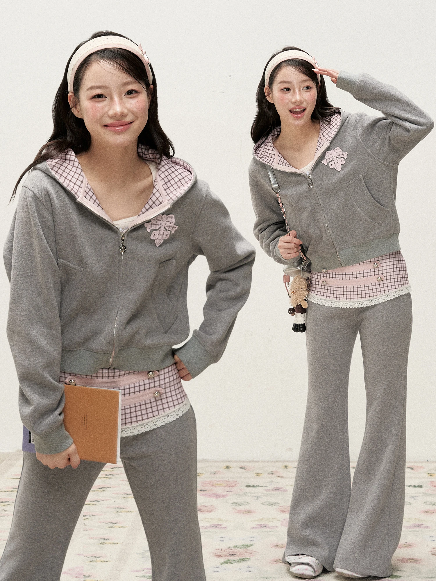 Ruan Ruan Soft Mosaic Color Block Plaid Napoleon Hat Sweatshirt Pants Set Autumn Long Sleeve Zipper High Waist Slim Fit Fashion