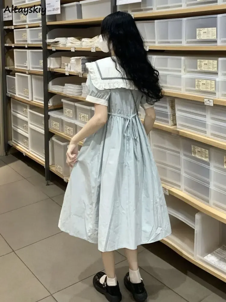 Women Dresses Preppy Style Kawaii Peter Pan Collar Fashion Schoolgirls Simple Lace-up Design Young Basics Summer Midi Vestidos