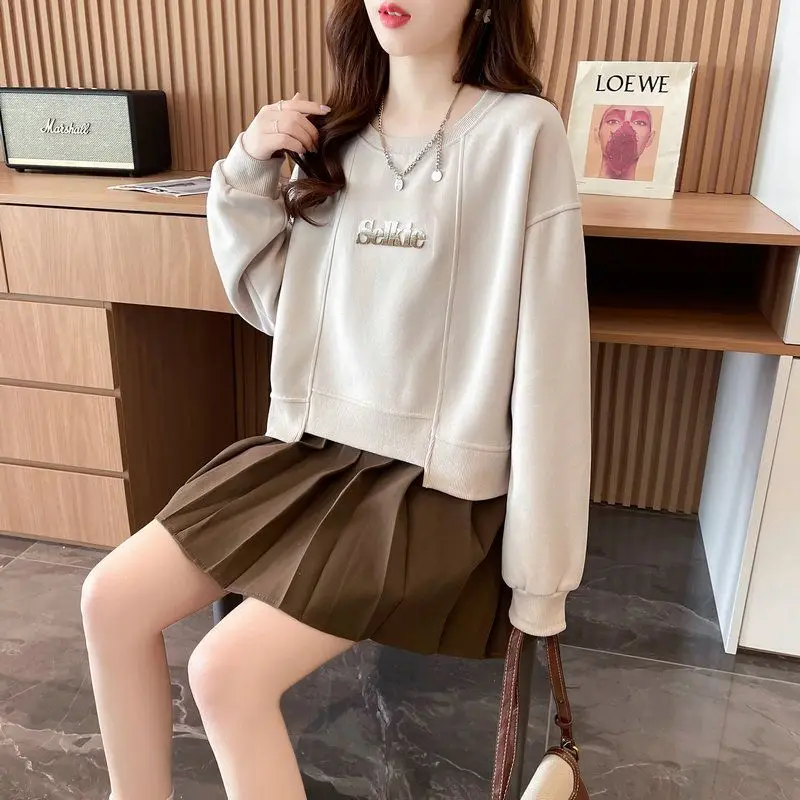 Office Lady Spring Autumn Women\'s Clothing Pullover Letter Round Neck Solid Color Lantern Long Sleeve Casual Loose Fashion Tops