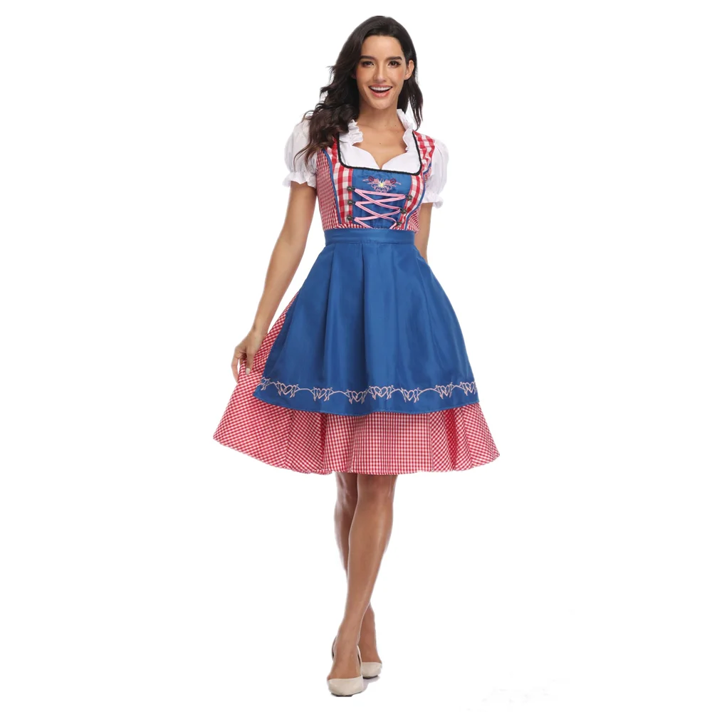 Vestido preto xadrez dirndl para mulheres, fantasia Oktoberfest, conjunto tradicional de cerveja bávara alemã, cosplay de festa de Halloween