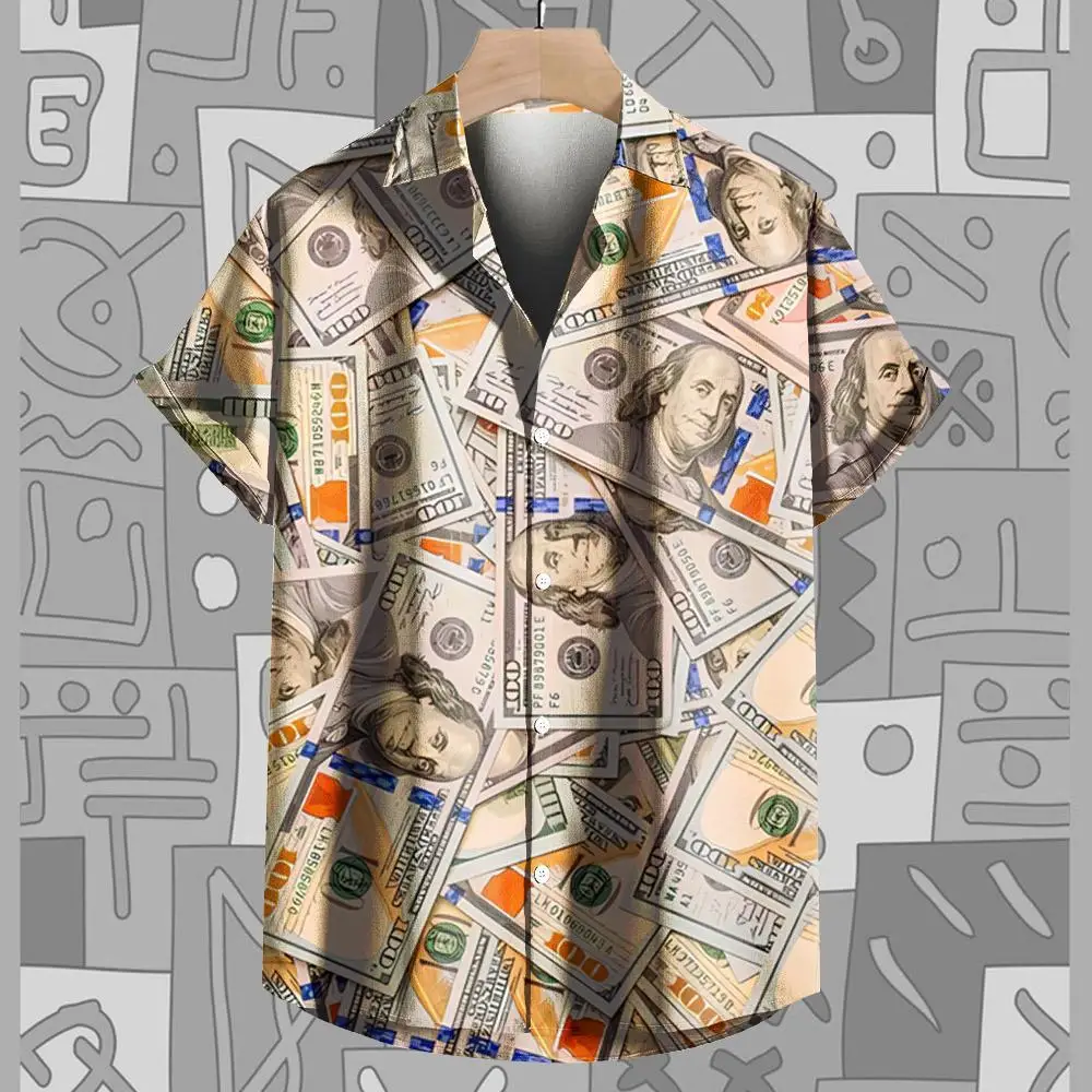 Vintage Shirt Mode Korte Mouw Casual Tops 3d Print Nieuwe Us Dollars Shirt Zomer Shirt Met Knoop Revers Heren Shirt T-Shirts