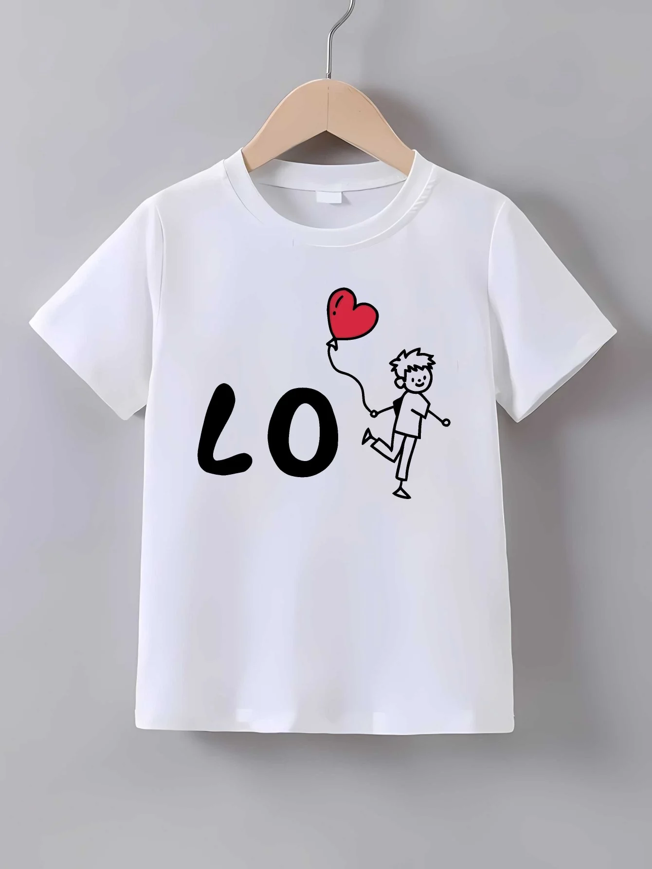LO Heart Balloon Stick Figure Cartoon Print T Shirt Family Matching Outfit Boys Girls Kids Short Sleeve Children Daily Tees