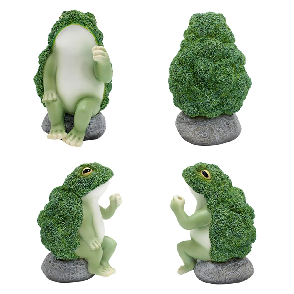 Outdoor Frog Figurines Garden Resin Broccoli Frog Holding Lotus Leaf Sitting On Rock Sculpture Ornament for Patio Backyard Lawn