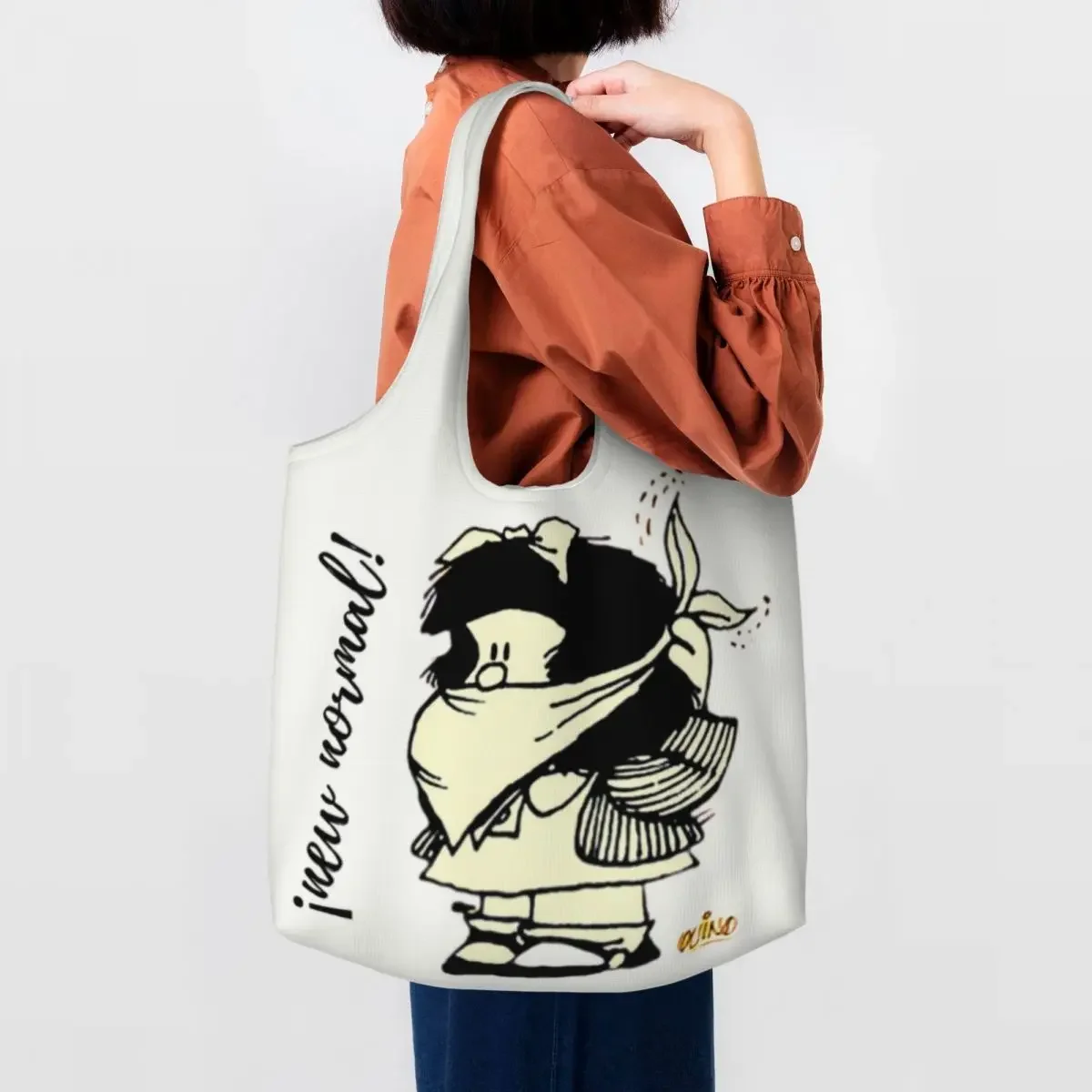 

Custom Fashion Printed Quino Mafalda Shopping Tote Bag Washable Canvas Shoulder Shopper Funny Manga Bags Handbag