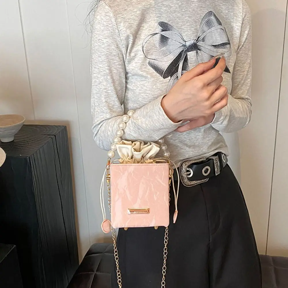 Pearl Waist Bag Fashion Chain Handbag Gifts All-match Drawstring Handbag Vintage Shoulder Crossbody PU Leather Small Square Bag