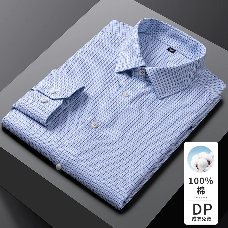 2026 New Men's Classic Checkered Dress Shirt – Blue Grid Pattern Long Sleeve Business Casual Cotton Shirts, Asian Sizes Slim Fit