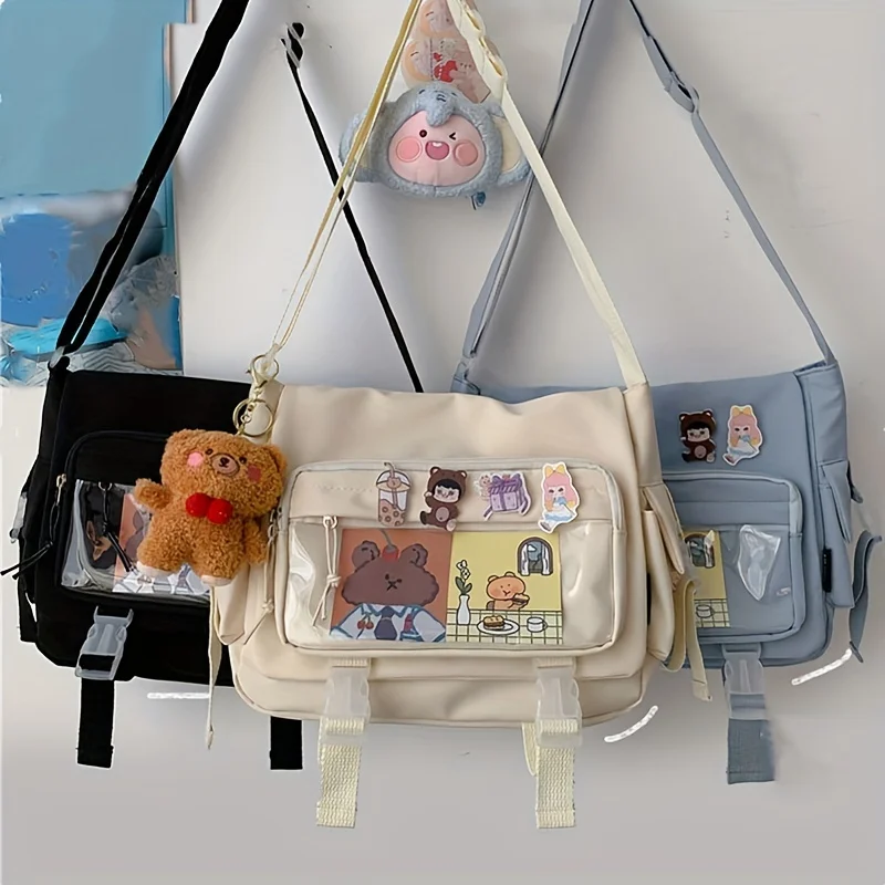 Kawaii Nylon Crossbody Bag, Clear Pocket Front Shoulder Bag, Student Flap Messenger Bag