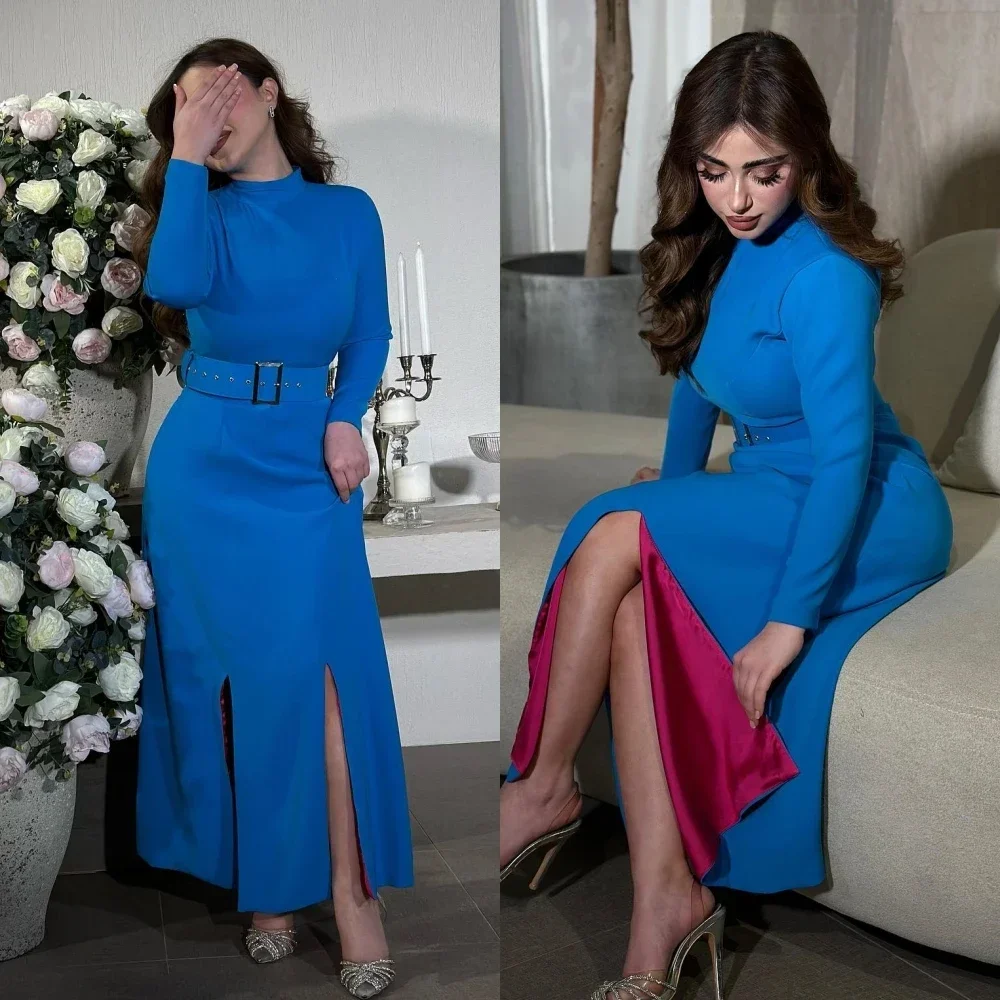 

Customized Prom Dress Saudi Arabia Simple Formal High Collar A-line Belt Ankle-Length Satin Bespoke Occasion Dresses Evening