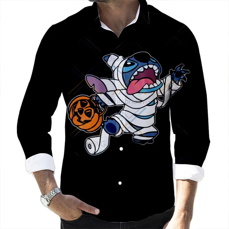 Camiseta de manga larga con estampado 3D para hombre, camisa de manga larga con solapa, ajustada, con estampado de dibujos animados de Disney Stitch y Mickey, para Halloween y otoño, 2022