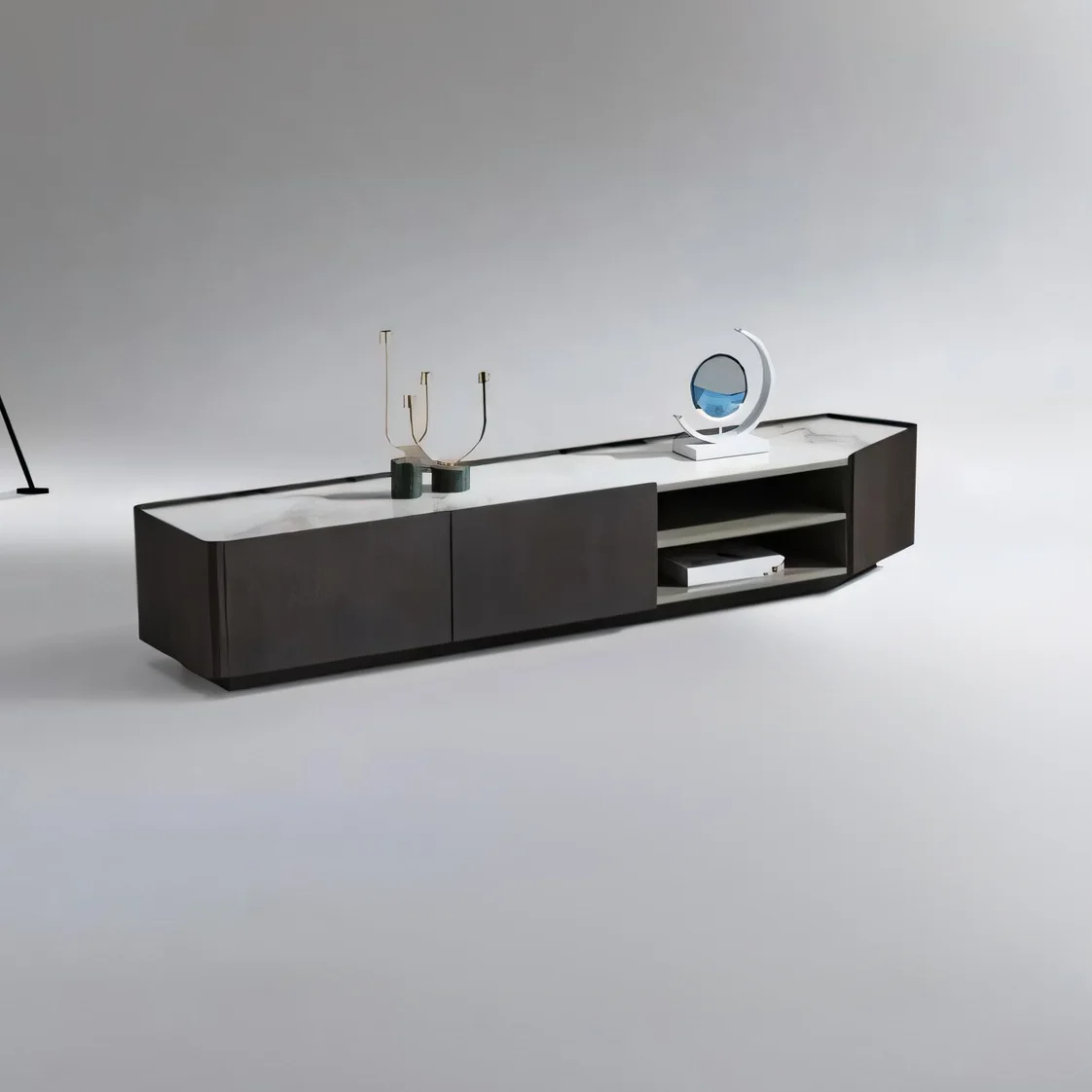 #Modern Simple Smoked Black Wood Skin TV Stand Tea Table Home Rock Plate Shaped for Living Room or Bedroom Made of Metal