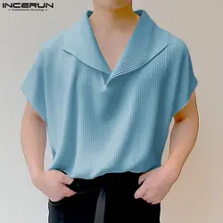 2024 Summer Men's T Shirt Solid Color Lapel Short Sleeve Korean Casual Men Clothing Streetwear Loose Male Tee Tops INCERUN S-5XL