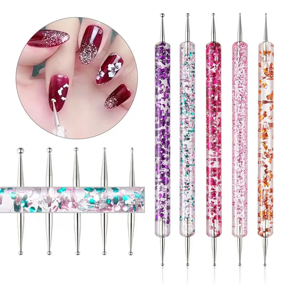 5pcs/box Double Headed Point Drill Pen Set Colored Acrylic Nail Dot Flower Pen Transparent Dot Flower Needle Pen Nail Art Tools