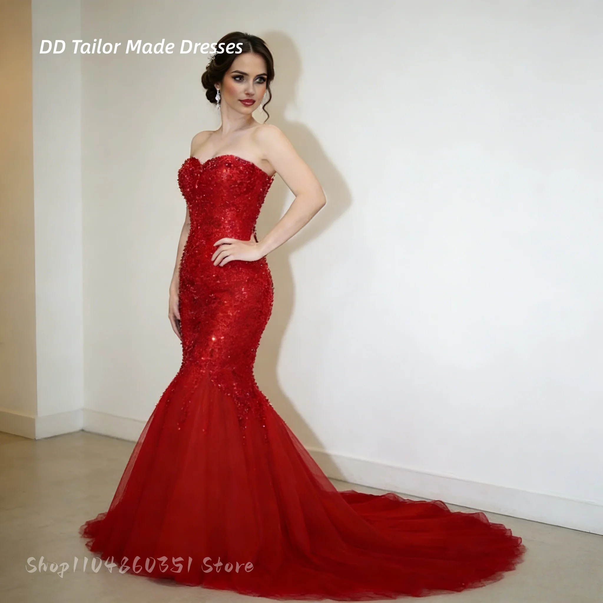 Elegant Red Mermaid Evening Dresses Beads Sequins Strapless Long Glitter Prom Reception Dress For Ladies Customized 2026 Robe