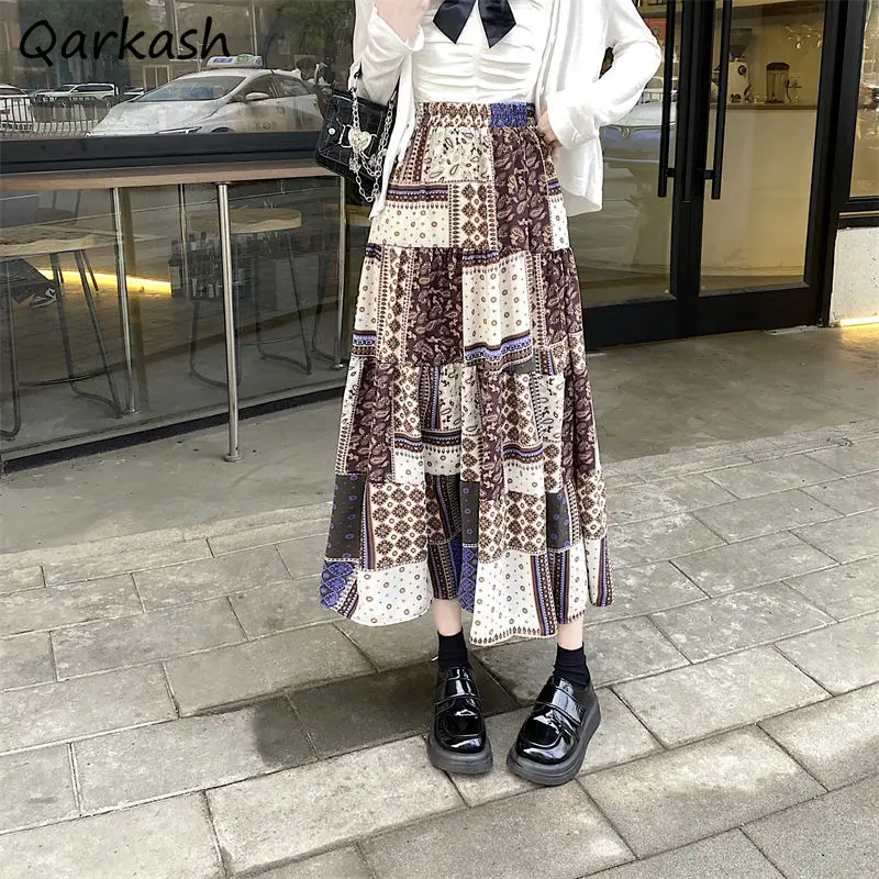 Spódnice Vintage Kobiety Styl Ludowy Retro Wysoka Talia Nadruk Patchwork A-line Midi Literatura Sztuka Stylowy Luźny Design Harajuku Nowość