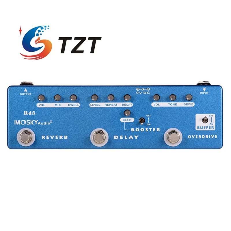 TZT MOSKYAudio RD5 Blue 5-in-1 Multi Effect Pedal (Reverb + Buffer + Booster + Overdrive + Delay)