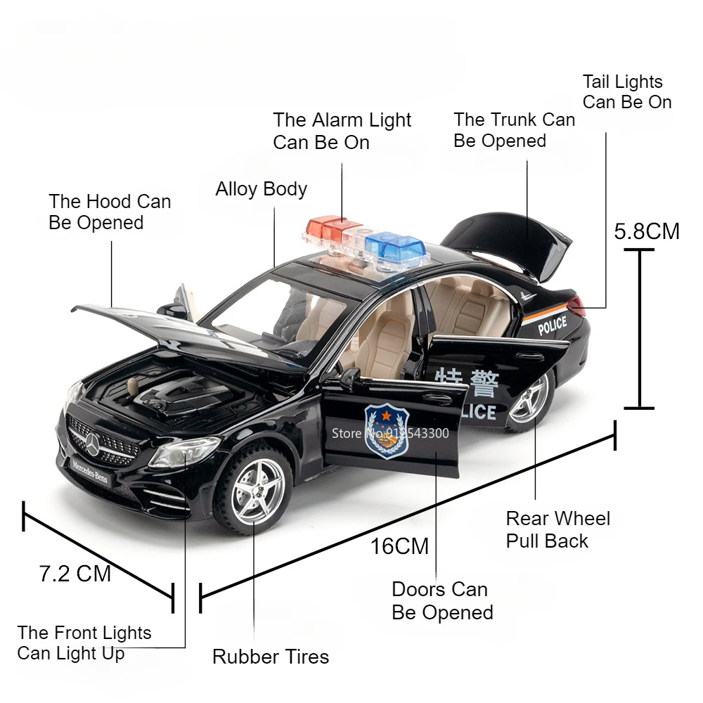 1:32 Benz C260L Police Car Model Toy Simulation Alloy Sound Light Pull Back Metal Diecast Vehicles Models Hobby Ornaments Gifts