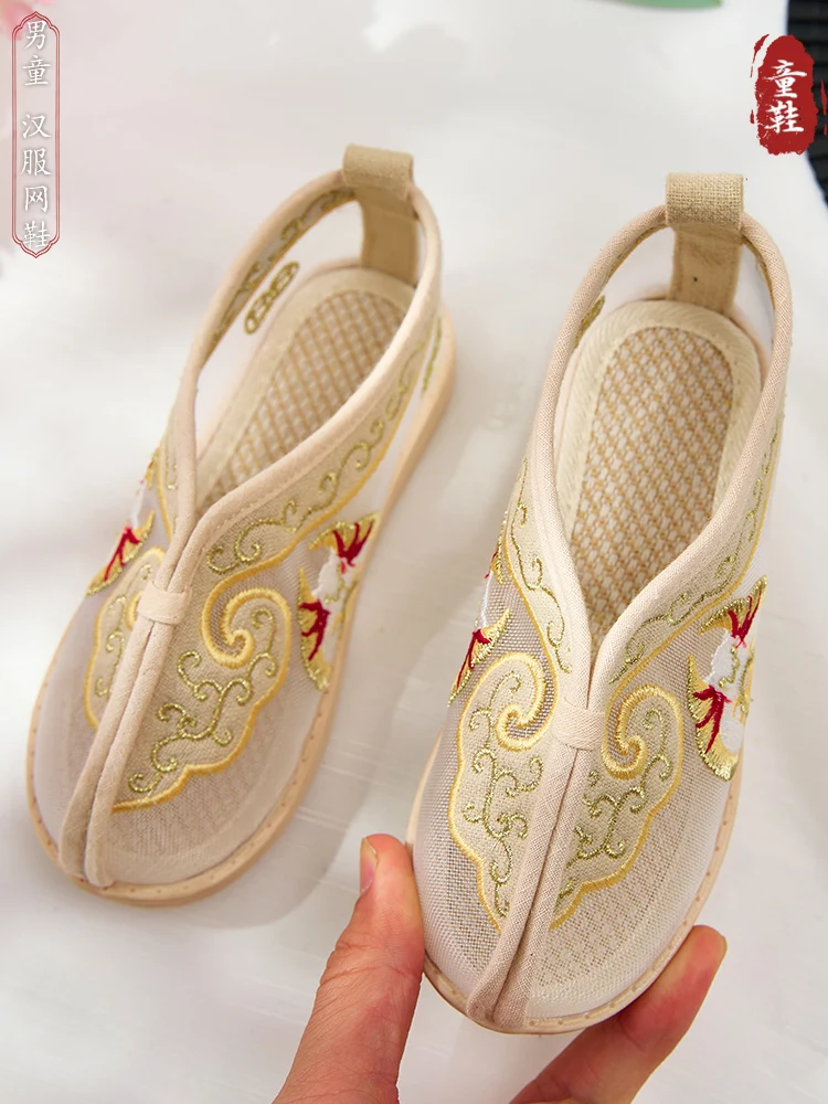 Children's Han Chinese Costume Shoes Summer Mesh Breathable Chinese Style Embroidered Shoes Antique Performance Shoes