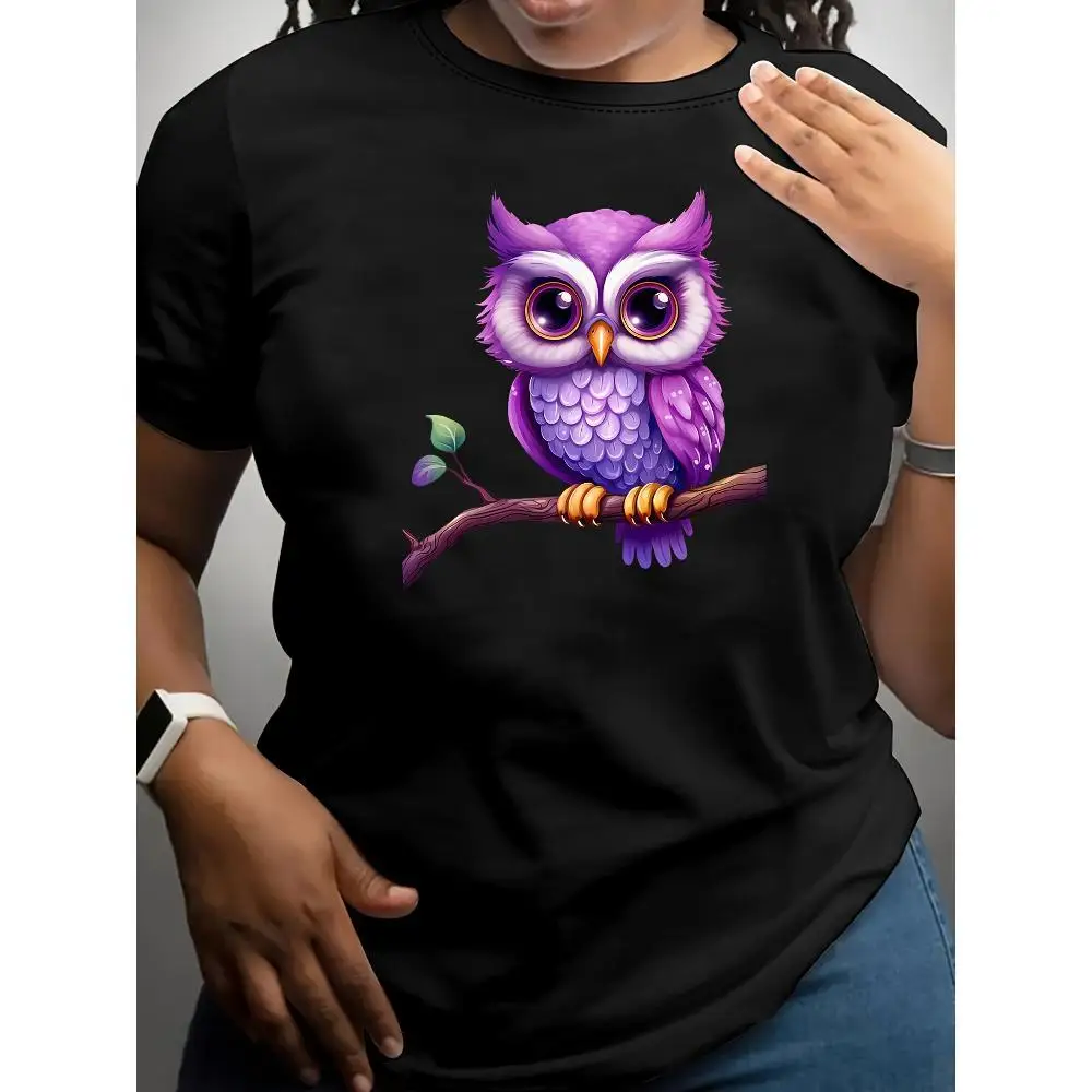 T-Shirt à manches courtes et col ras du cou pour femme, grande taille, imprimé hibou de dessin animé, tissu en Polyester doux et extensible, respirant